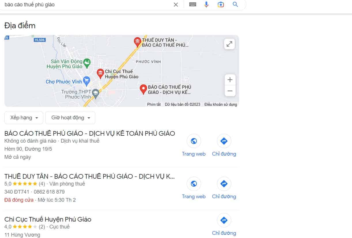 Demo khách tìm kiếm " Báo cáo thuế Phú Giáo" của google map Doanh Nghiệp